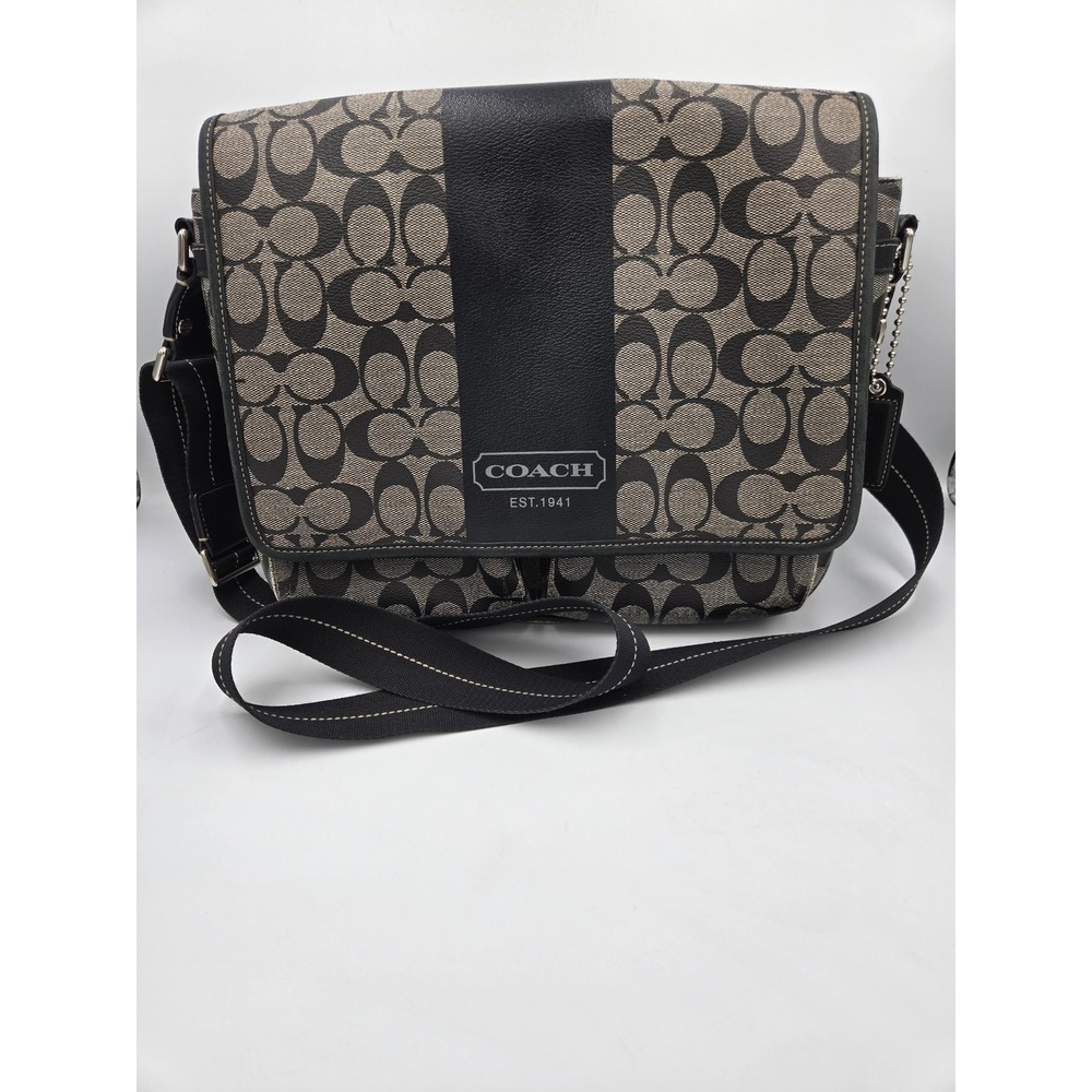 Coach‎ Heritage Stripe Signature Messenger Bag Black Grey Crossbody F70590